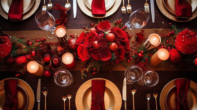 Elegant Christmas Dinner Table Setting with Red and Gold Decor