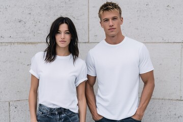 Trendy young couple in white t-shirts outdoors, perfect for clothing and lifestyle promotion