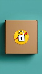 Cardboard box with a yellow sticker featuring an unlocked padlock and red ribbon