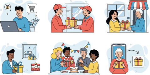 Obraz premium Illustrations of people buying, delivering, receiving, and gifting presents on various occasions
