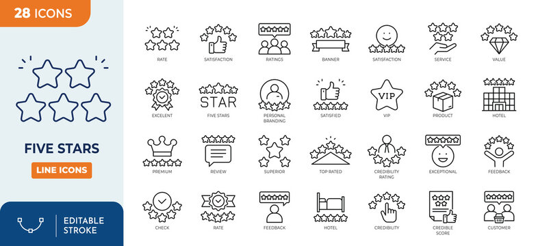 Five star line editable icon set. Containing 5 star, rating, satisfaction, premium, feedback, quality review scores, and more. Editable stroke. Vector illustration