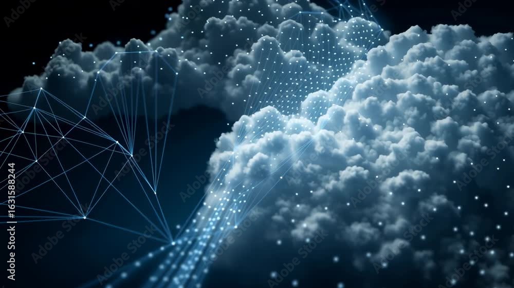 Poster dynamic abstract depiction of a cloud database. light trails rise from cloud formations, symbolizing