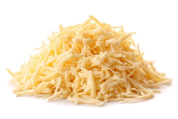 Fototapeta premium Heap of Finely Shredded Yellow Cheddar Cheese Isolated on White Background