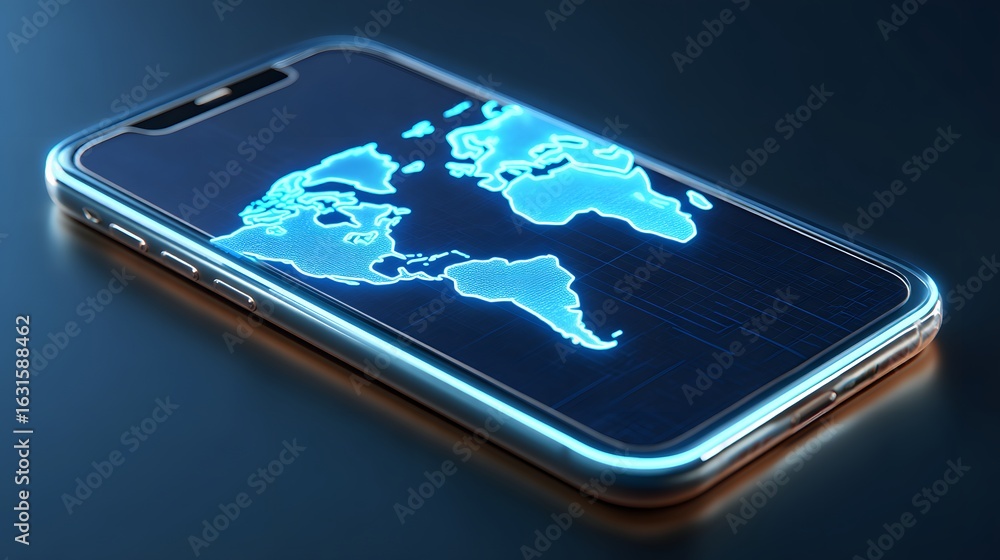 Poster smartphone displaying interactive digital map of the world with blue glow and modern design