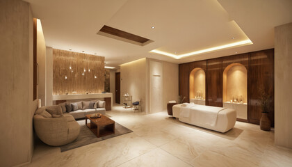Modern spa interior with warm lighting, wood accents. Features relaxation couch, massage table, zen decor. Clean, minimalist design promotes calmness, comfort, luxury. Ideal for wellness retreat,