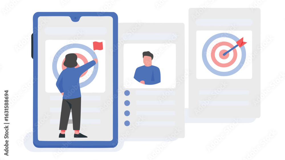Poster person interacts with target on a phone screen with other profile cards displayed behind it