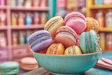 A vibrant bowl filled with an assortment of colorful macarons, showcasing their delicate textures and inviting colors, set against a blurred, inviting background.