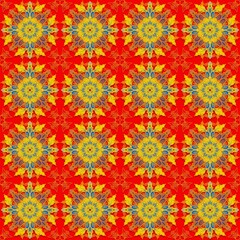 seamless pattern with floral pattern,yellow,blue curves and painted to create flowers shape,leaves with red background in geometric patterns to as sarong,tile,printed fabric,batik,fabric,tablecloth 