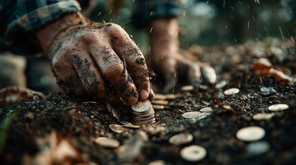 Hands carefully planting golden coins, symbolizing growth, investment, and financial success