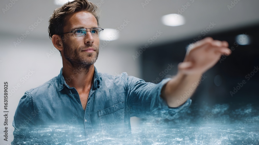 Poster software developer presenting model on holographic screen