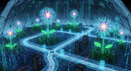 A server farm transformed into a vibrant biodome where luminous digital flowers thrive on data streams