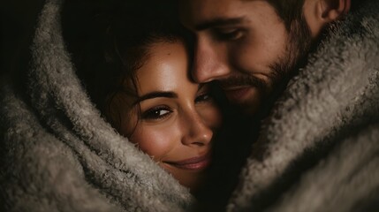 Couple sharing a cozy winter embrace in romantic lighting