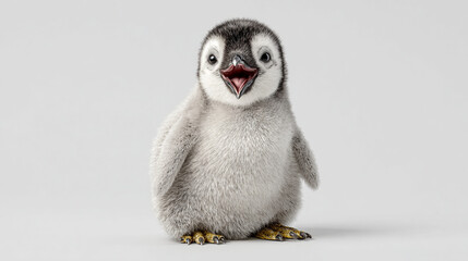 A cute emperor penguin chick with an open beak stands cheerfully isolated on a clean, light gray studio background for character use.