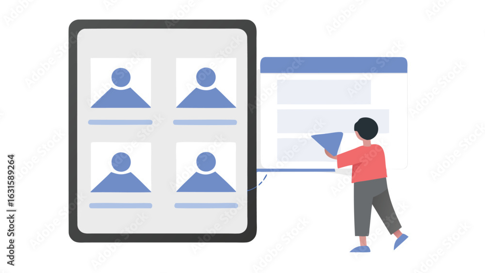 Poster illustration of a person interacting with a tablet displaying user profiles and a form interface