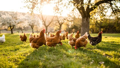 A flock of free-range chickens grazing on a grassy pasture in an orchard during a scenic golden hour sunset.