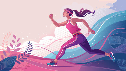 **Woman's sport in bright and energetic shades of pink, purple, and blue with copy space**