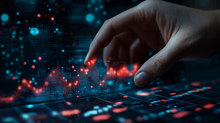 Hand interacting with data visualization, highlighting business growth and analysis insights