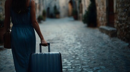 Woman pulls her suitcase through an old cobblestone street