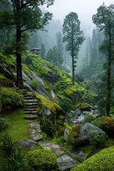 Naklejka premium Misty mountain path winds through lush greenery