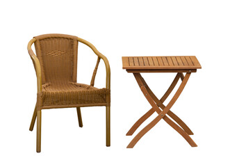 wooden table and wicker chair isolated on white background