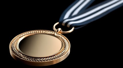Shiny Gold Medal with Blue and White Ribbon Hanging Against a Dark Background