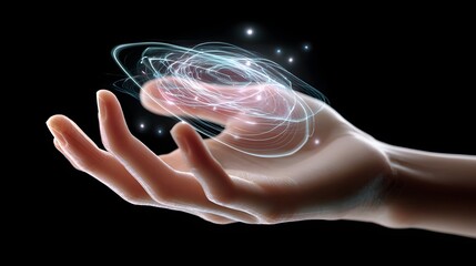 Illuminated Hand with Sparkling Energy and Light Effects Against a Black Background