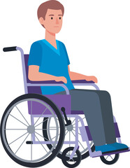Young man with brown hair and a neutral expression sitting in a purple manual wheelchair.