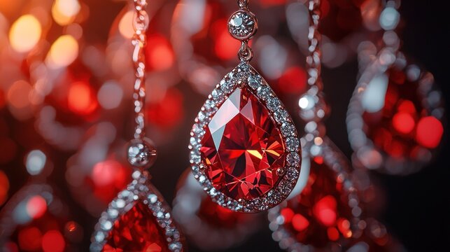 Close-up of elegant, teardrop-shaped, ruby-studded earrings.  Sparkling gems and fine metal dangle against a background of out-of-focus, warm, festive lights