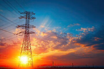 Fototapeta premium Power lines silhouette against vibrant sunset