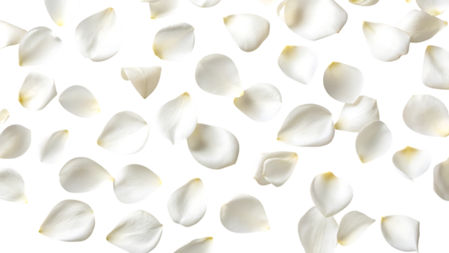 Scattered white flower petals on a transparent background