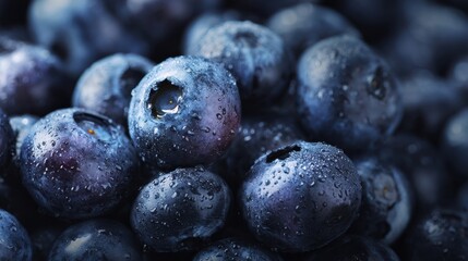 The Fresh Blueberries with Dewdrops on a Dark Background