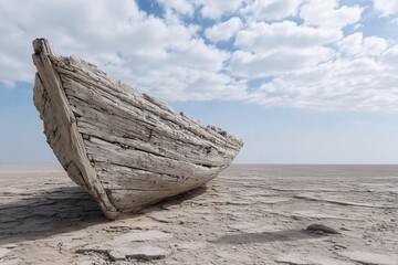 Old wooden boat stranded on cracked dry land, suitable for climate change, travel, or desert themes