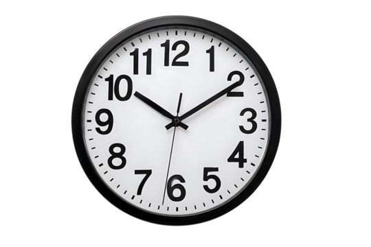 Modern wall clock shows precise time, perfect for business or home decor, symbolizing punctuality and efficiency