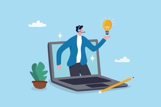 Customer service support or help desk to solve customer problem, assistant agent professional, online representative help customer solving problem, help desk staff talk on headset on computer laptop.