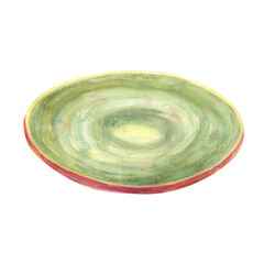 Round green empty plate for serving apple pie, food. With ceramic texture. Watercolor illustration, isolated on white, clipping path, side view. For cooking, interior, design, cards, cafe, interior