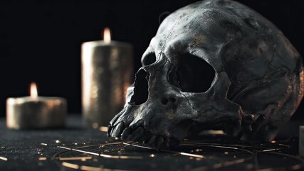 Skull and candles for ritual on dark background with symbols - Powered by Adobe