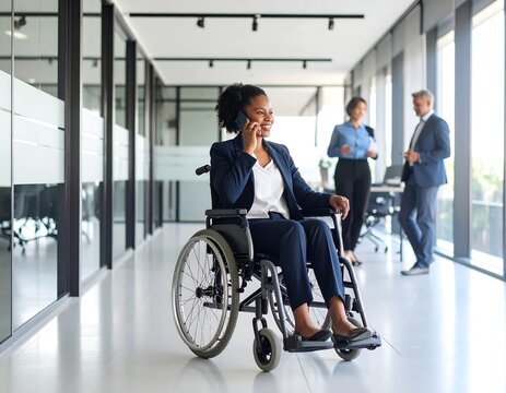 Businesswoman in wheelchair smiles while on a call, colleagues in background