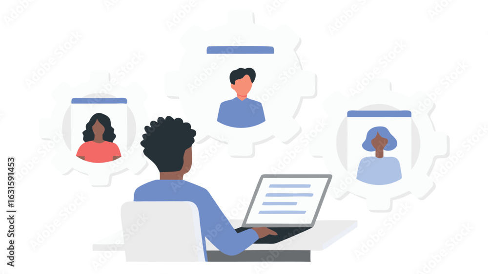 Poster a person using a laptop with three profile icons in gears representing team collaboration online wor