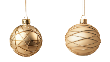 Golden Christmas ornaments with intricate wire designs, hanging on thin golden strings, exude elegance and festive charm
