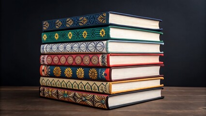 Stack of Antique Books with Ornamental Spines on a Wooden Surface, Featuring Diverse Decorative Designs for Educational or Personal Library Projects.