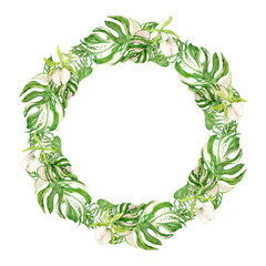Naklejka premium Round frame with exotic sea lily, fox palm and monstera. Wreath with green orchid flower with white center. Watercolor illustration of tropical summer flower for wedding invitations. Save the date.