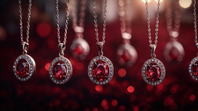 Close-up of several ruby necklaces