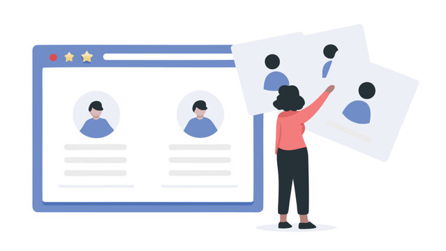 Woman reviewing candidate profiles displayed on a web browser interface with star ratings system