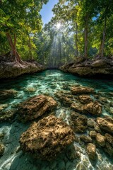 Naklejka premium Sunlight streams through lush tropical foliage over a clear, shallow riverbed