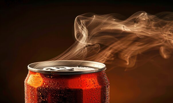 Chilled red aluminum can releasing vapor against a dark background