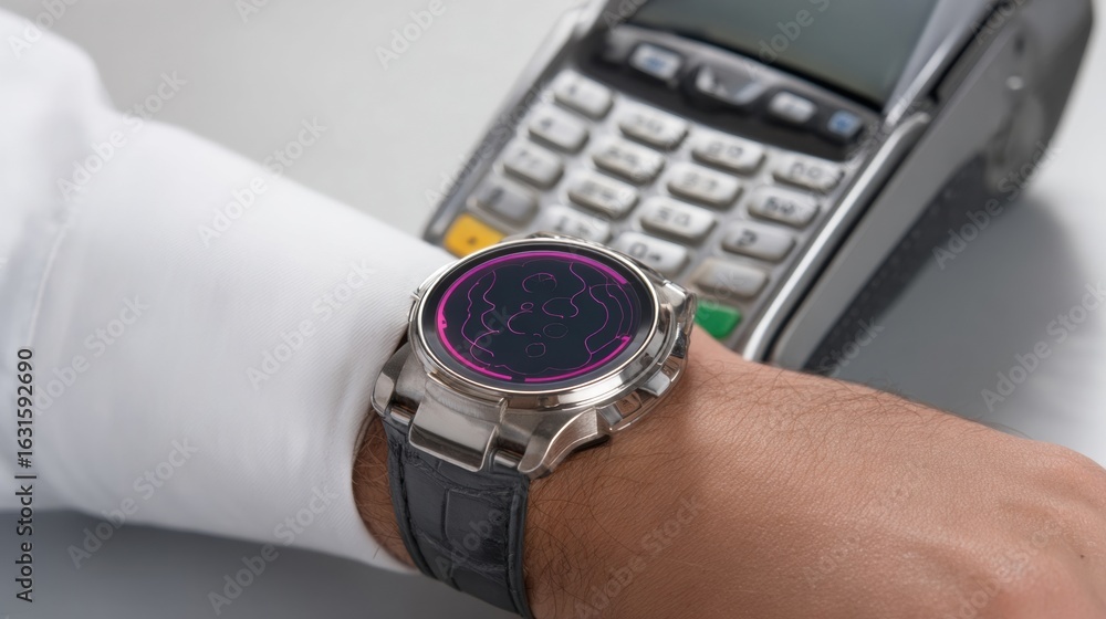 Poster smartwatch displays payment interface next to contactless payment terminal in modern setting