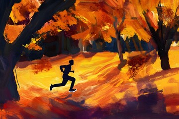 A lone silhouette runs through a vibrant autumnal forest with warm golden light.