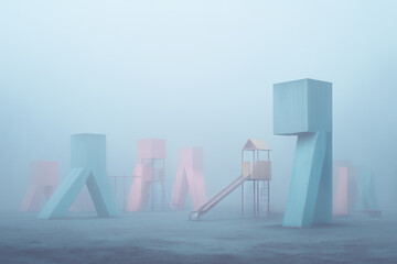 Dreamlike Surreal Sculpture Park with Modernist Structures and Pastel Playground Equipment
