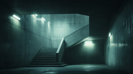 Endless Brutalist Stairwell with Eerie Light and Liminal Dreamscape Atmosphere
