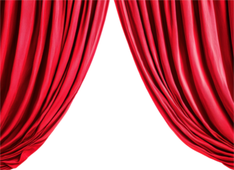 Red theater curtains with dramatic folds and parted center, creating elegant and theatrical atmosphere. Perfect for stage or performance themes